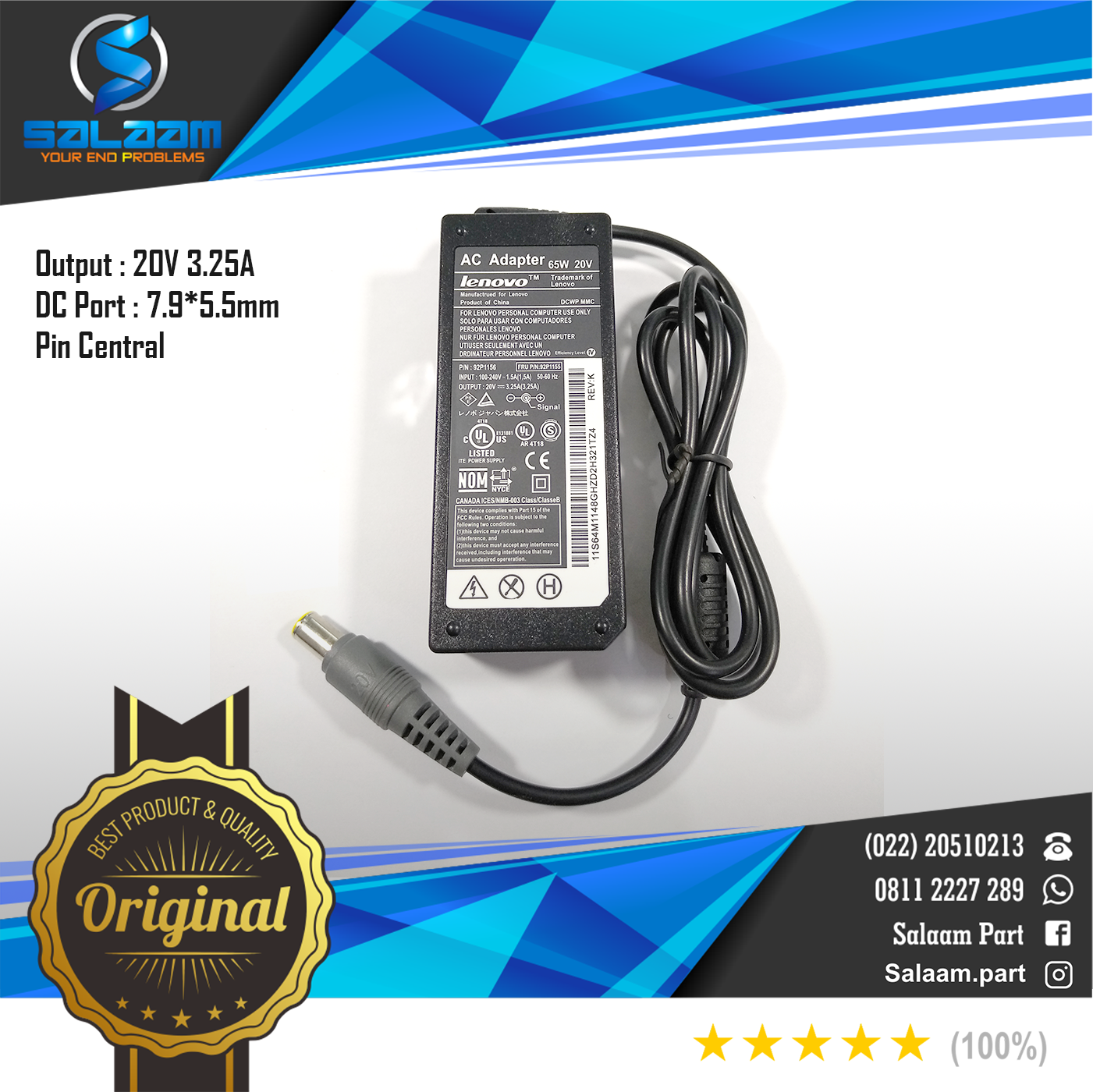 Adaptor Charger Lenovo 20v 3.25a Original Jarum
