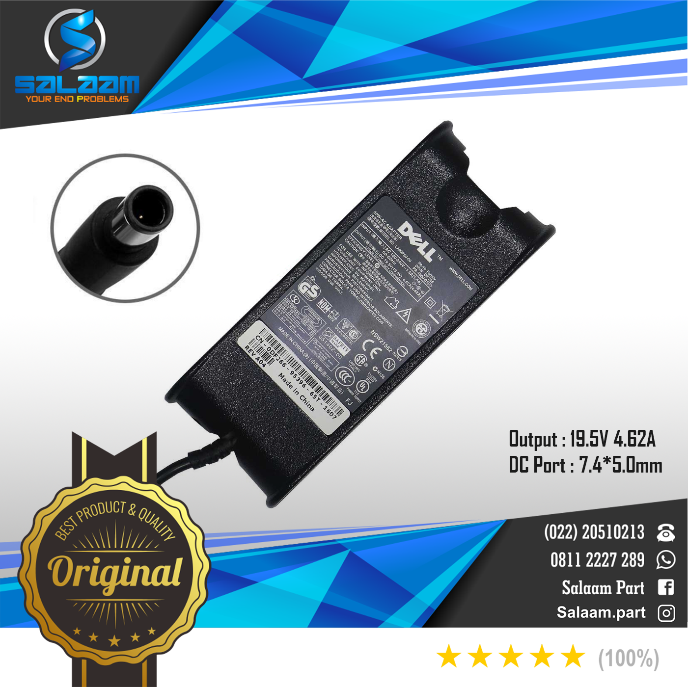 Adaptor Charger Dell 19.5v 4.62a Original Jarum Bone